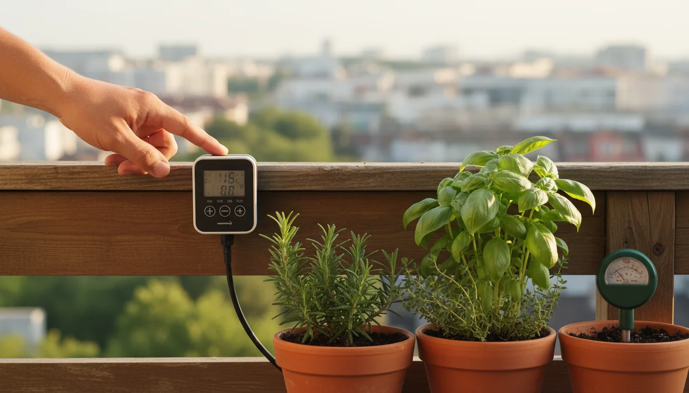 A hand adjusts a small digital drip irrigation timer connected to micro-drip lines watering herbs in terracotta pots on a balcony railing. A moisture
