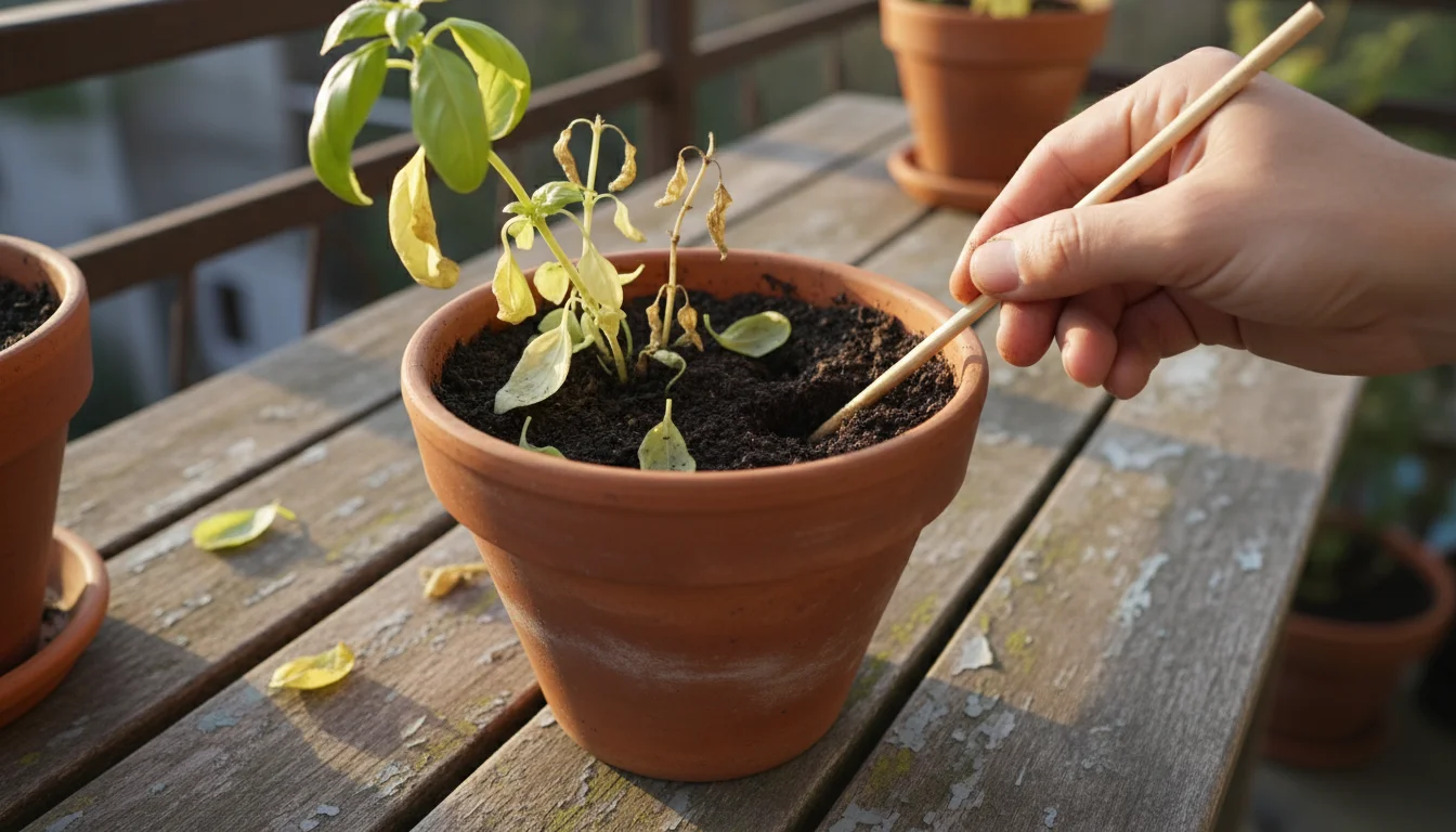 Close-up of a hand gently aerating waterlogged soil in a potted basil plant with a chopstick, showing yellowed leaves on a balcony table.