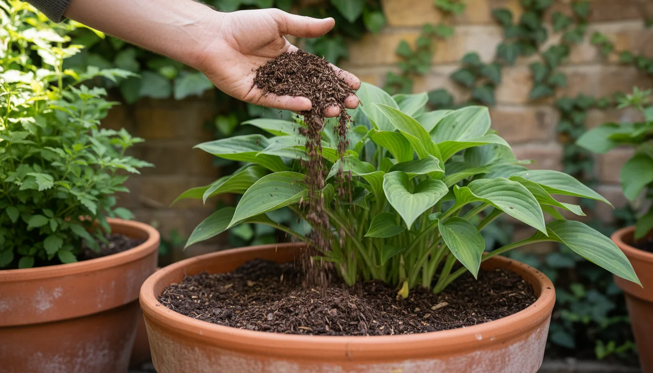 A hand applies dark, rich compost to the soil of a green perennial plant in a terracotta pot on an urban balcony.