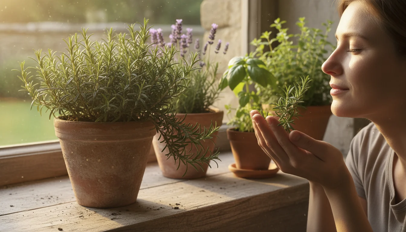 A hand gently brushes fragrant rosemary needles in a terracotta pot on a sunlit windowsill, surrounded by blurred lavender and lemon balm.