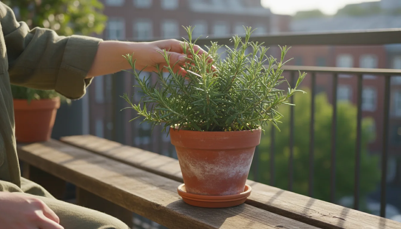 A hand gently brushes vibrant green rosemary in a terracotta pot on an urban balcony, emphasizing its fragrant leaves.