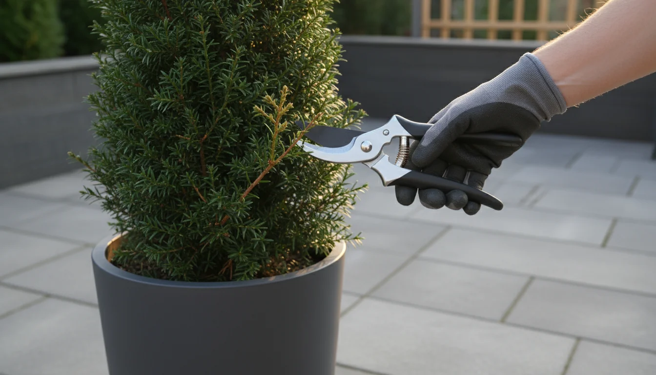 Close-up of a hand with bypass pruners making a small, precise cut on dense foliage of a containerized columnar evergreen on a patio.
