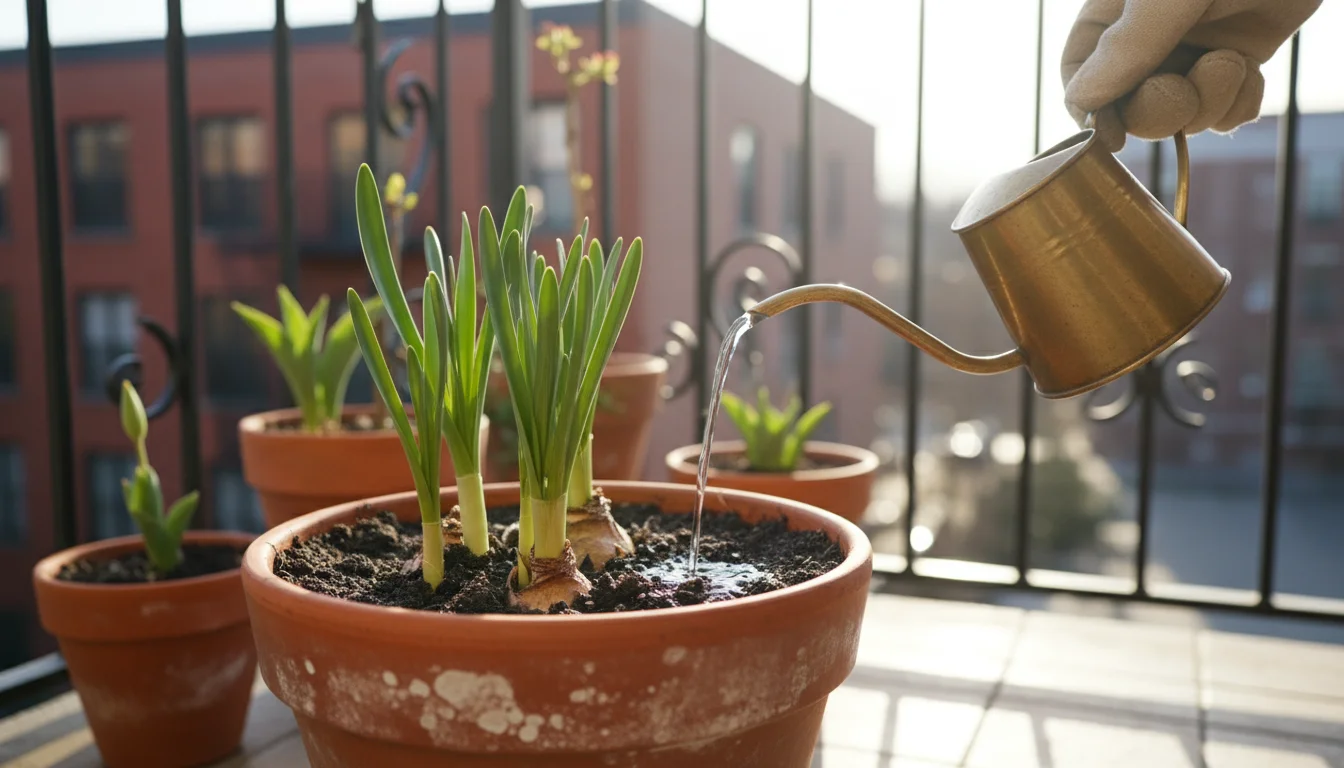 Hand in canvas glove gently waters vibrant green bulb sprouts emerging from moist soil in a terracotta pot on a sunny balcony.