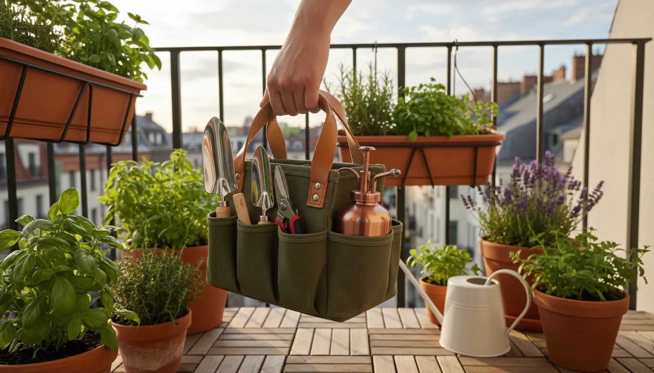 A hand carries a compact olive green canvas gardening caddy on a balcony, showing compartments holding a mini-trowel, snips, and plant mister.