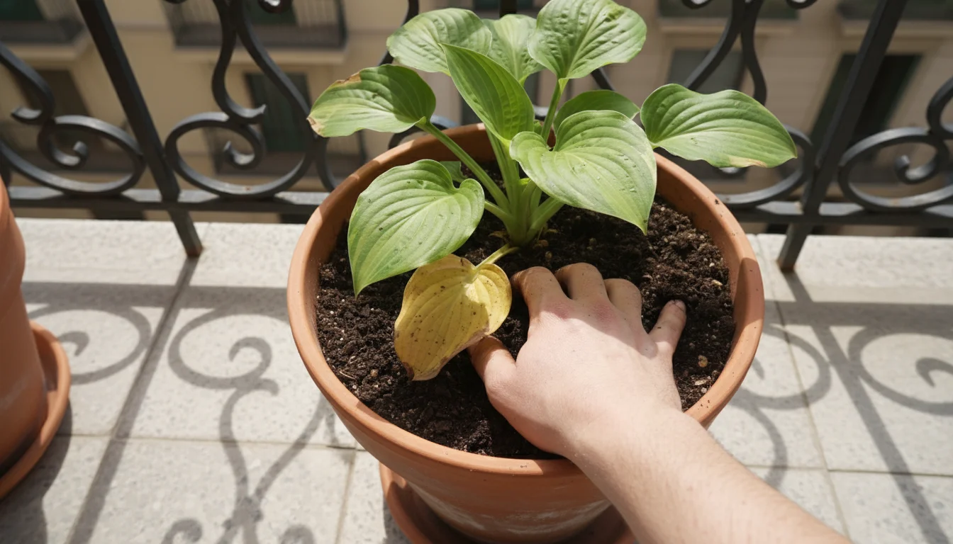 A hand checking damp soil in a terracotta pot with a Hosta plant showing yellowed lower leaves on a balcony.