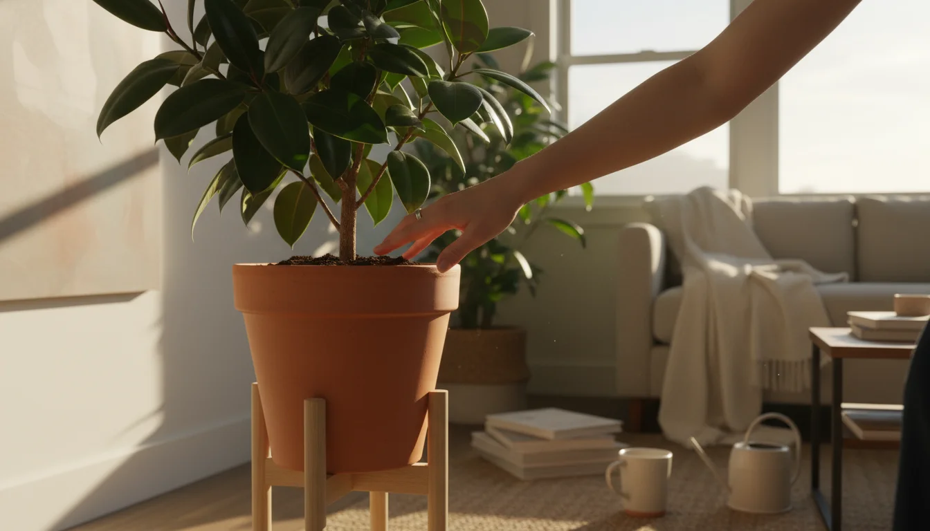 Close-up of a hand checking the soil of a healthy Ficus elastica (Rubber Plant) in a terracotta pot, bathed in soft, indirect window light.