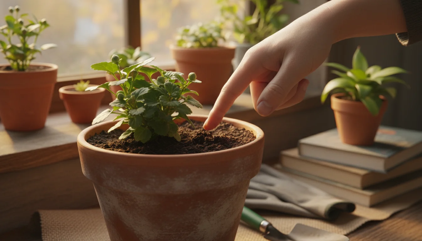 A close-up of a hand checking soil moisture with an index finger in a terracotta pot on a balcony in autumn.