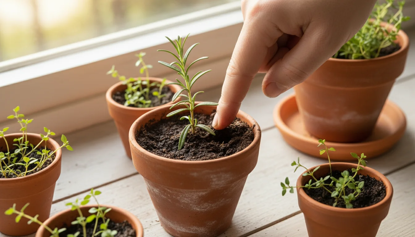 A hand checking soil moisture in a small terracotta pot with a rosemary plant, while a saucer with water is visible nearby.
