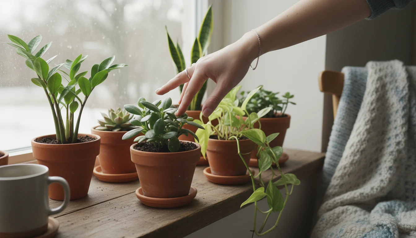 Hand checking soil moisture in a terracotta pot with fingers, surrounded by other potted houseplants on a windowsill, bathed in soft winter light.