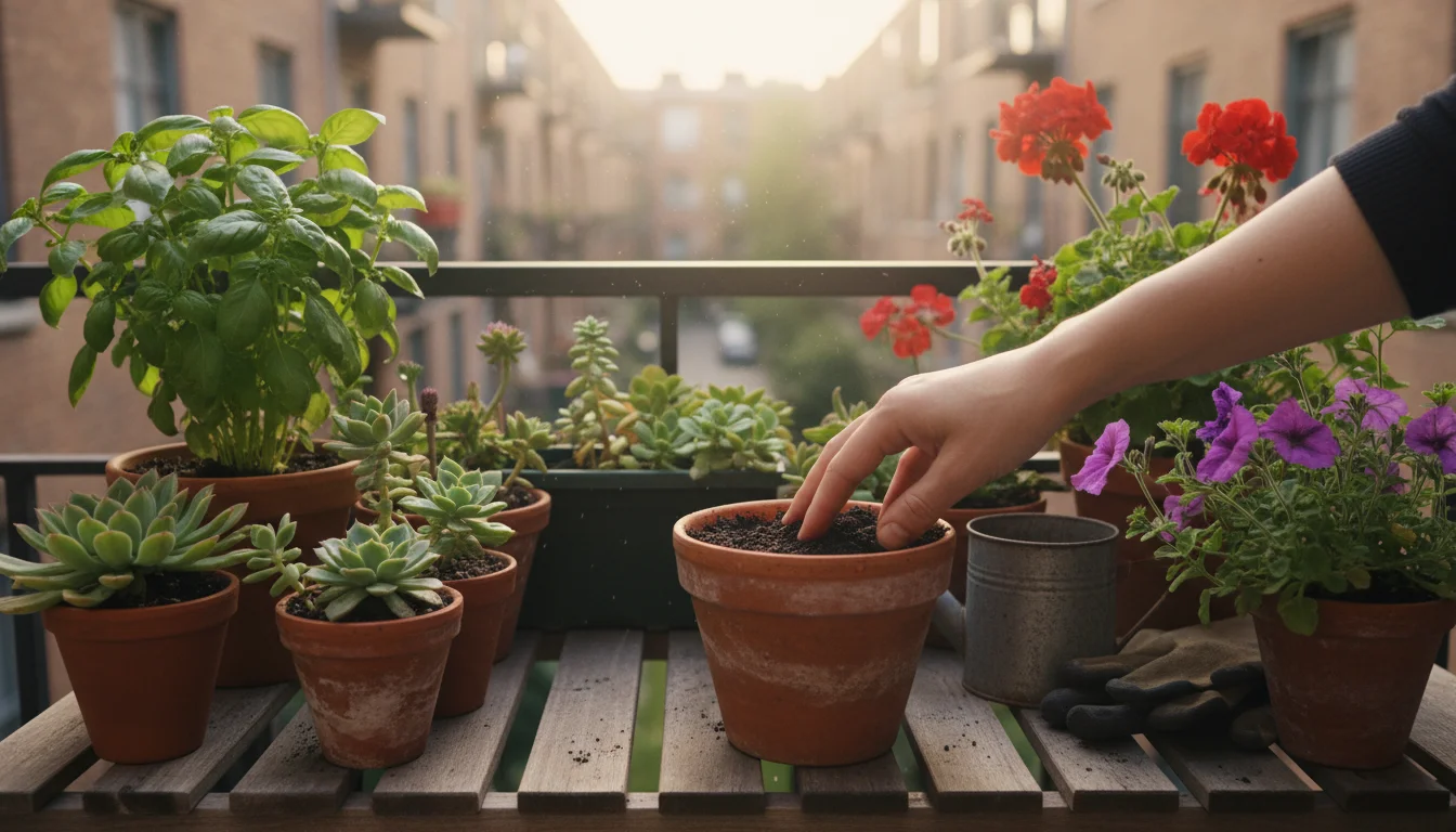A hand checking the soil moisture in a terracotta pot, surrounded by healthy container plants on an urban balcony in soft morning light.