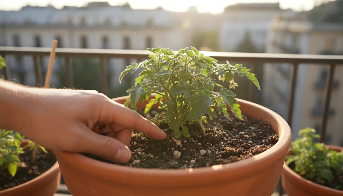 Close-up of a hand checking soil moisture two inches deep in a terracotta pot with a healthy tomato plant on a sunny urban balcony.