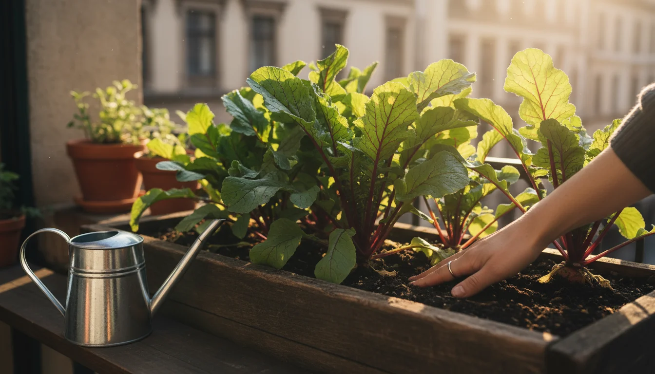 Close-up of a hand checking soil moisture in a window box filled with vibrant radish greens on a sunny balcony, a small watering can nearby.