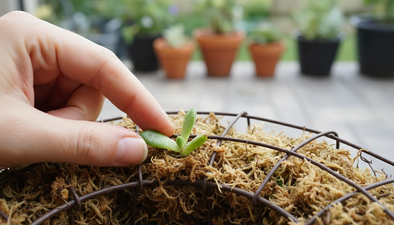 A hand gently checks the dampness of sphagnum moss around a shriveled succulent cutting in a living wreath frame on a bright windowsill.