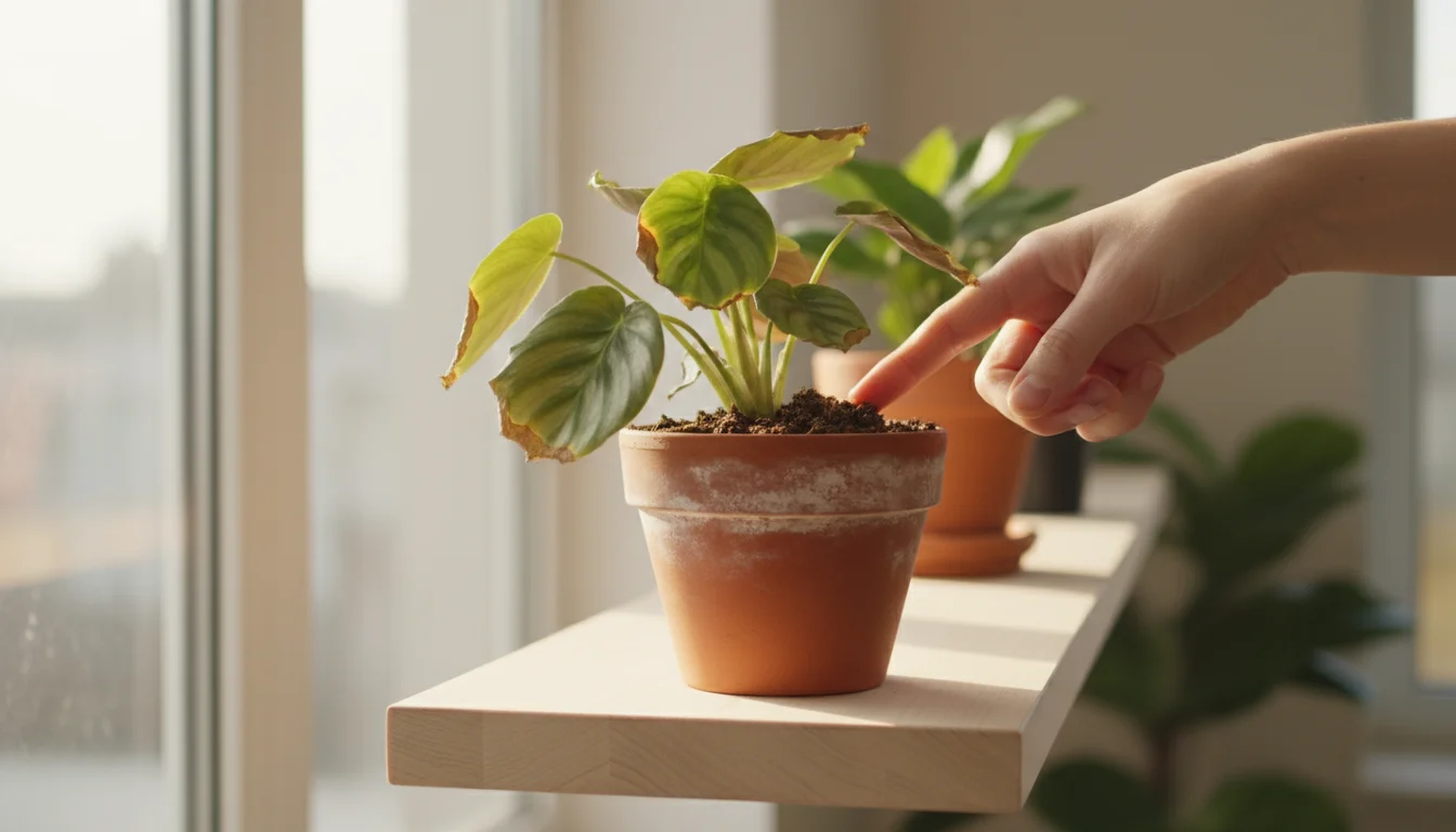 A hand checks dry soil of a Dracaena plant with brown, crispy leaf tips in a terracotta pot on a wooden shelf.