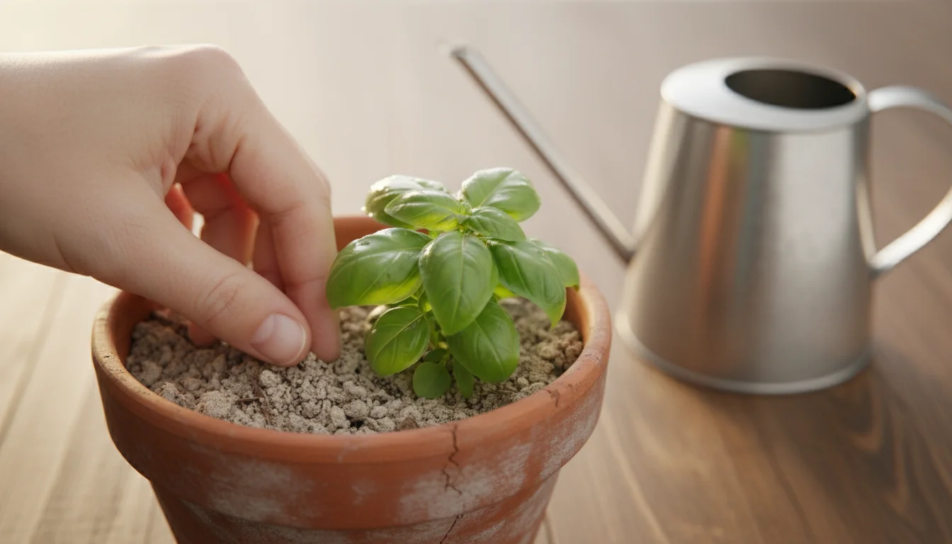 Hand gently checks slightly dry soil in a terracotta pot with a small herb, fine-spouted watering can and various containers blurred in background.