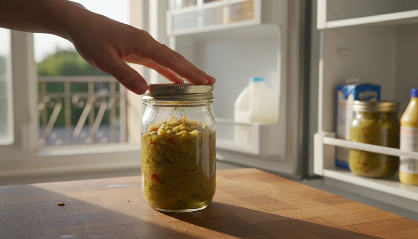 A hand checks the lid of a small jar of green tomato relish cooling on a counter next to an open refrigerator holding more jars.