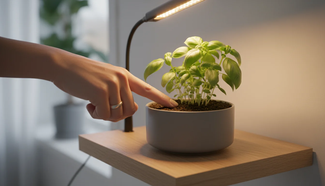 A hand gently checks the moist soil of a vibrant basil plant in a terracotta pot under an LED grow light.