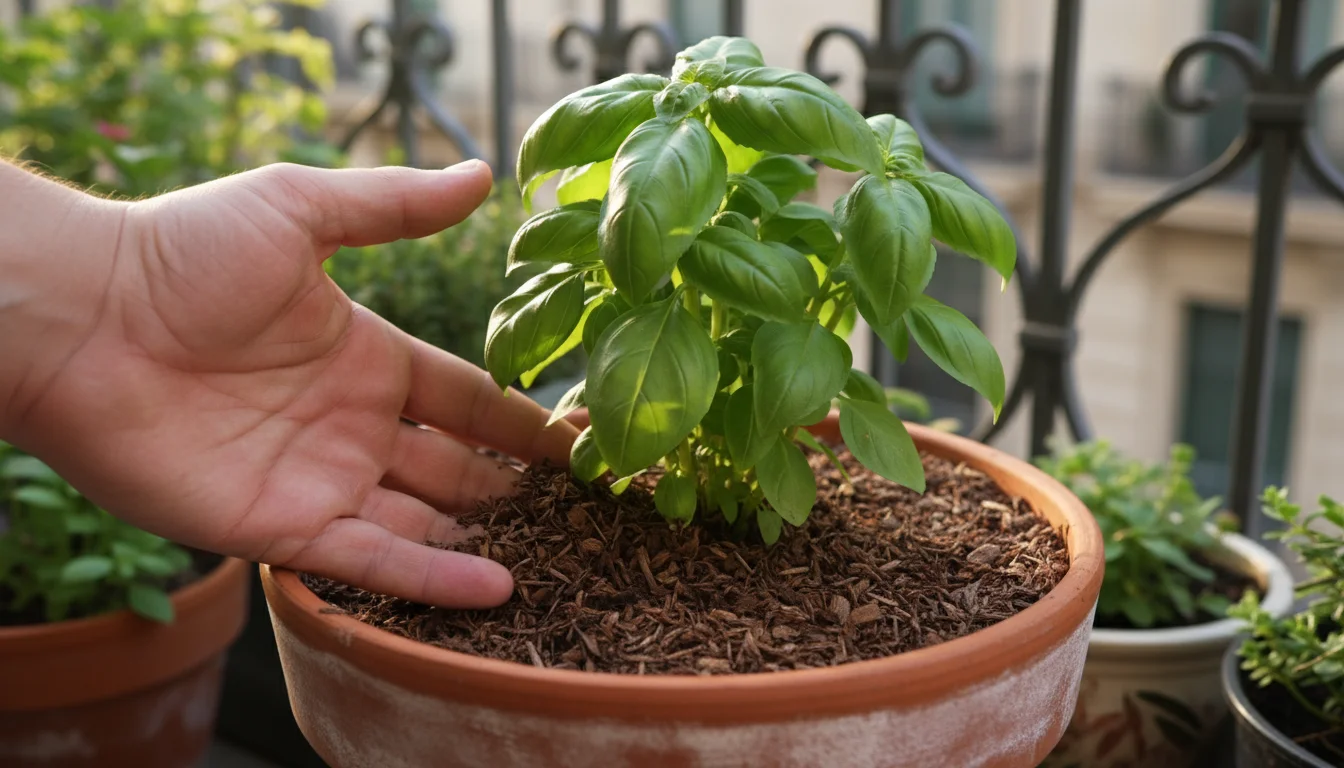 A hand gently checks organic mulch around a thriving basil plant in a terracotta pot on a sunny urban balcony, showcasing container plant maintenance.