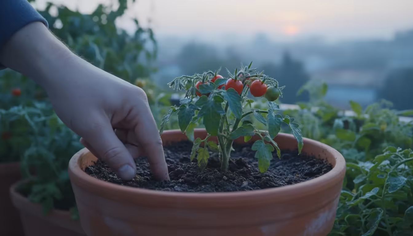 A hand checks soil moisture by pressing a finger into the soil of a terracotta pot on a serene balcony in soft early morning light.