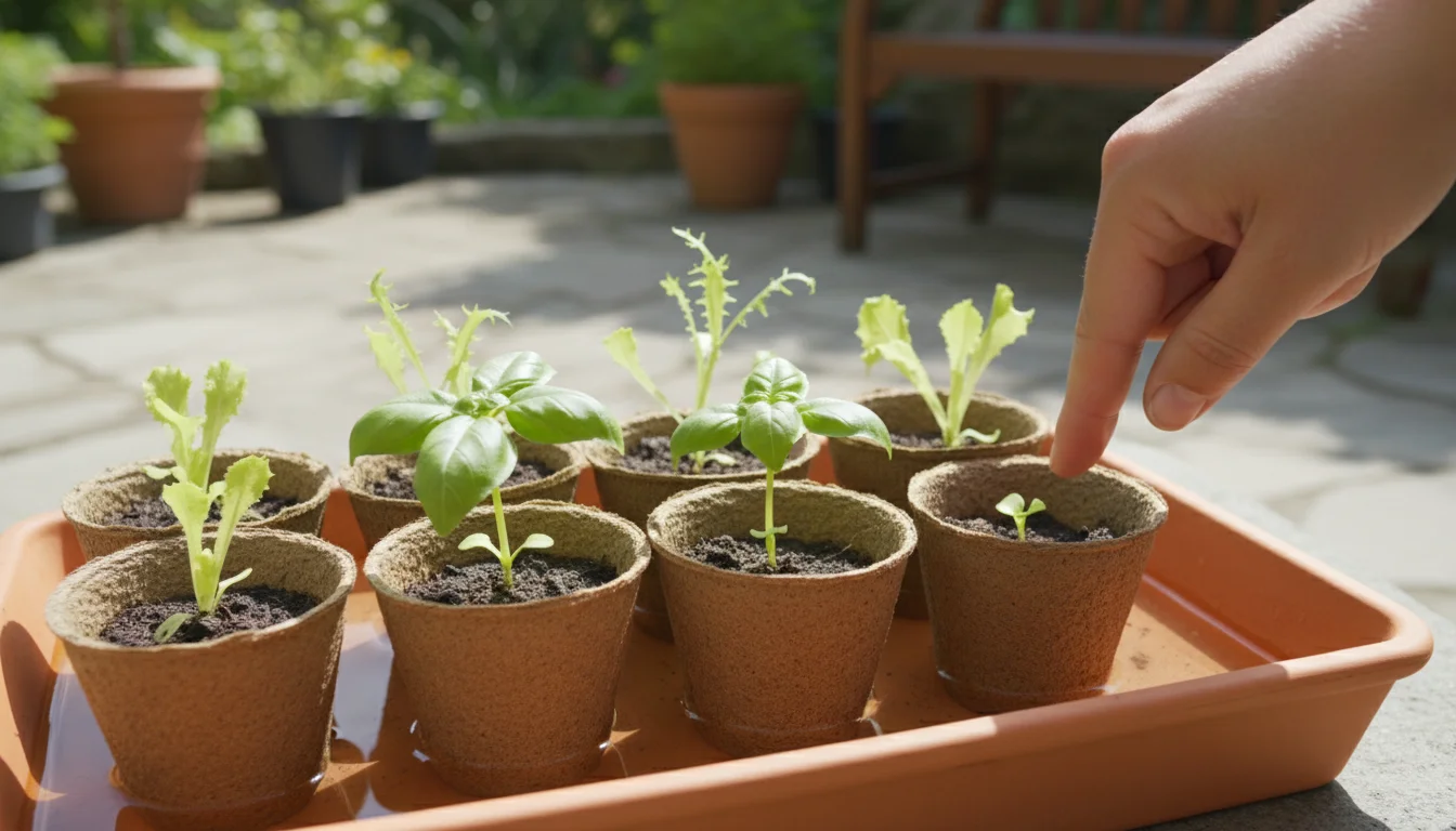 A hand checks soil moisture of small vegetable seedlings bottom-watering in a terracotta tray on a sunny patio, illustrating water conservation.