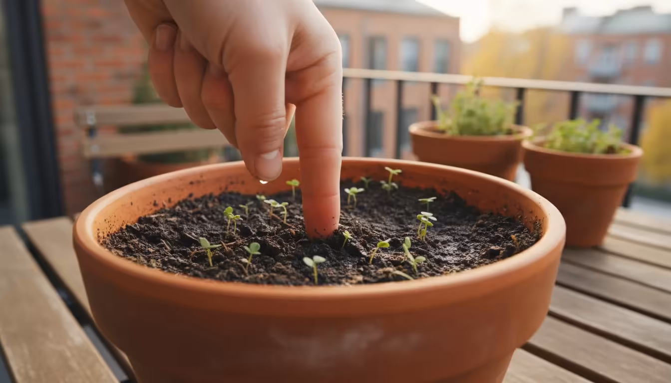 A hand gently checks soil moisture in a terracotta pot with small green cover crops on a balcony, under soft autumn light.