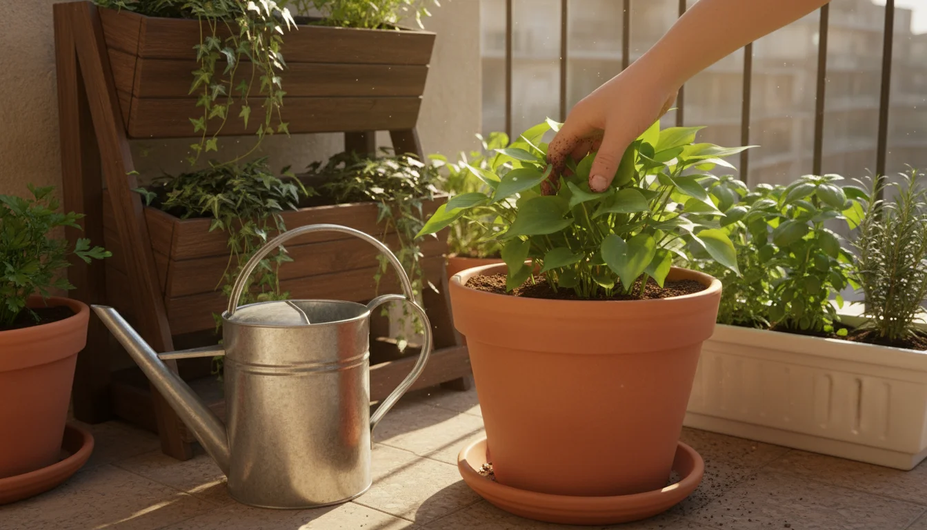 A hand checks soil moisture in a terracotta pot on a sunny balcony, a watering can nearby among other container plants.
