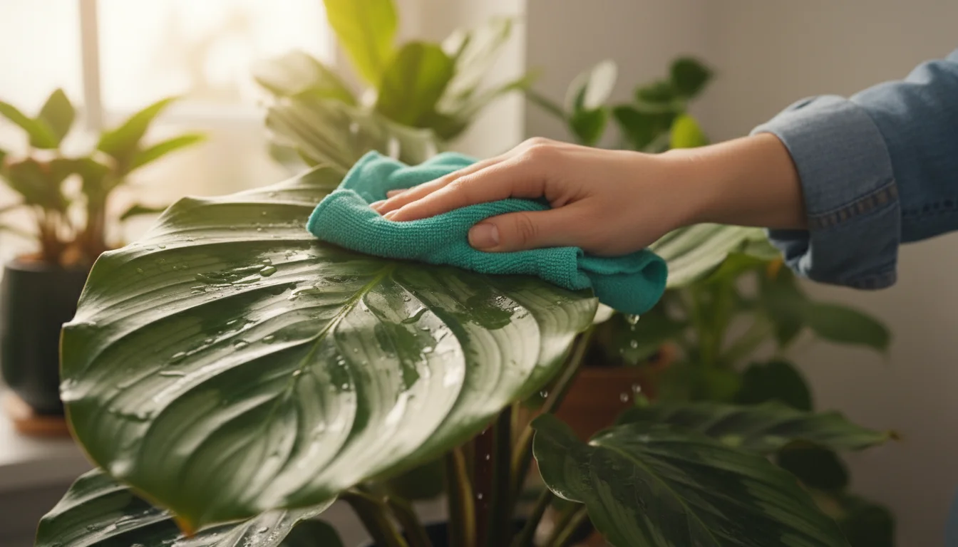 A hand gently cleans a vibrant Calathea 'Musaica' leaf, pressing a damp cloth into its intricate, mosaic-like veins on a sunlit balcony.