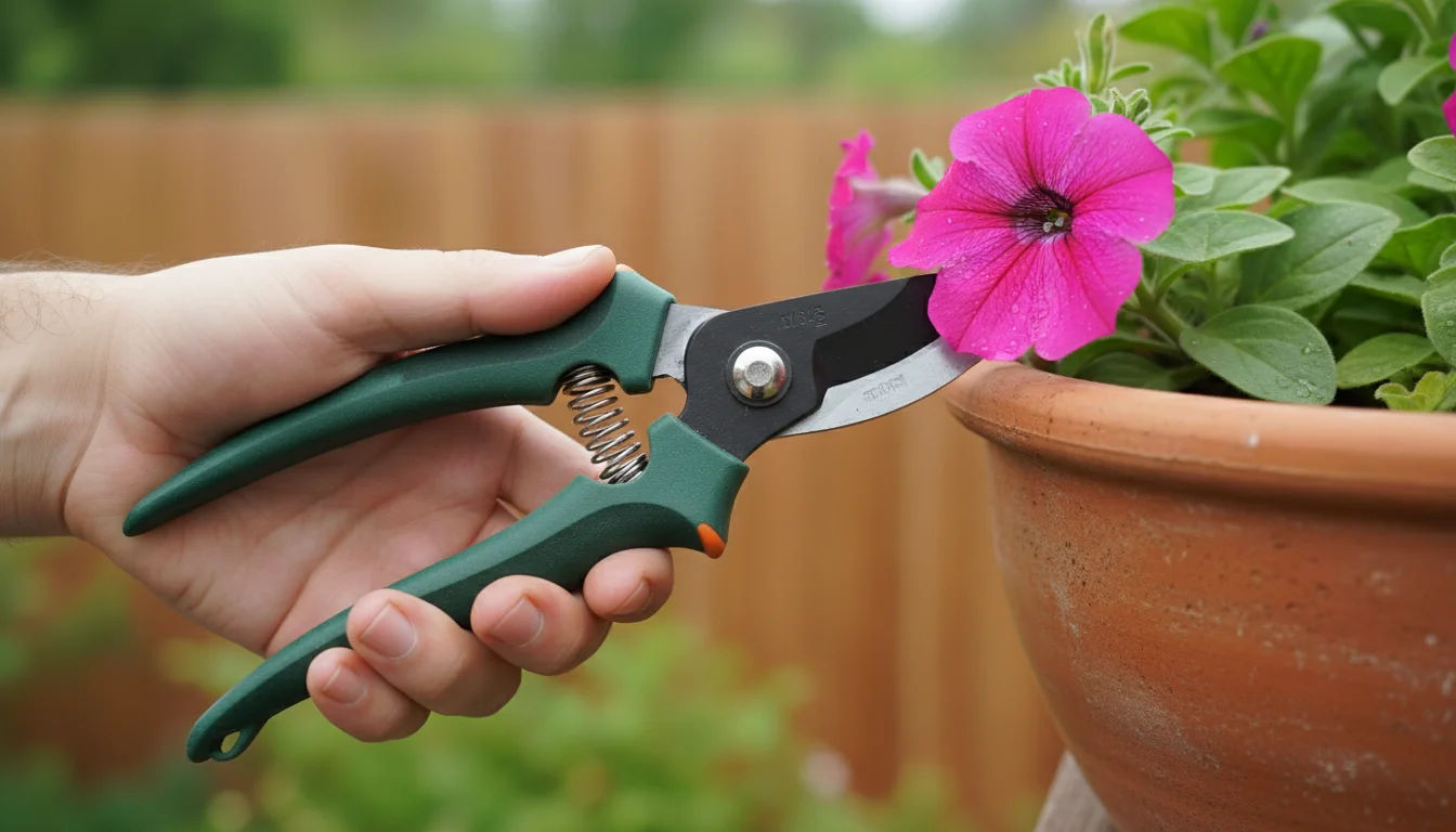 Close-up of a hand comfortably gripping pruners with cushioned handles, trimming pink petunias in a terracotta balcony planter.