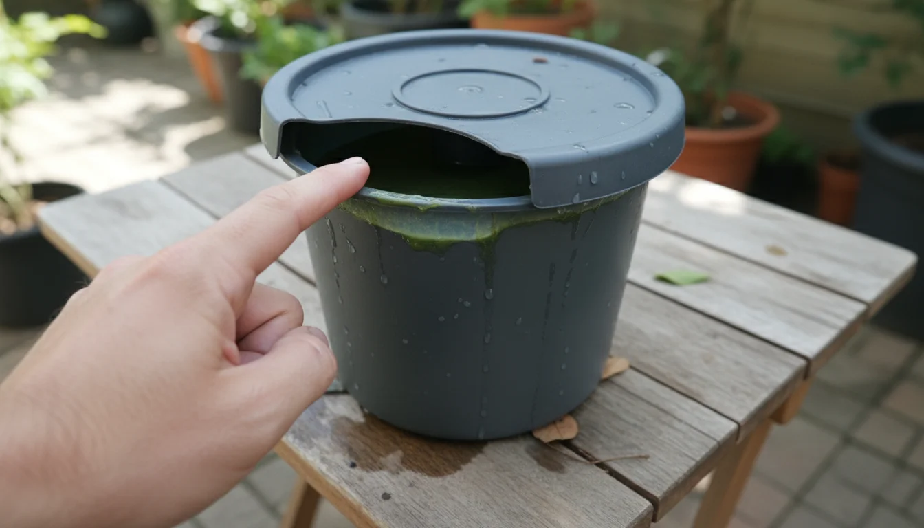A hand covers a small, dark hydroponic reservoir where a faint green algae film is visible, on a balcony patio table.