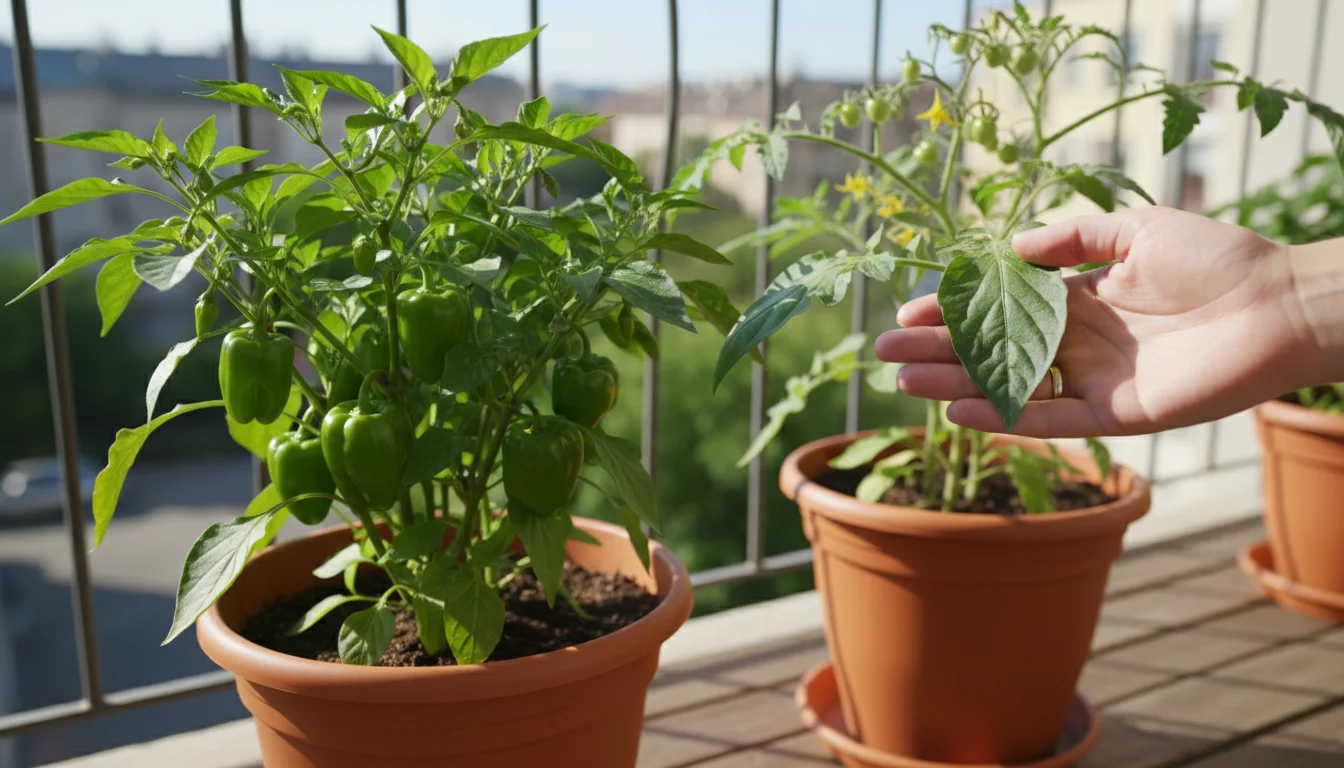 A hand gently cups a leaf on a healthy bell pepper plant growing in a self-watering container on a sunny balcony, with a tomato plant nearby.