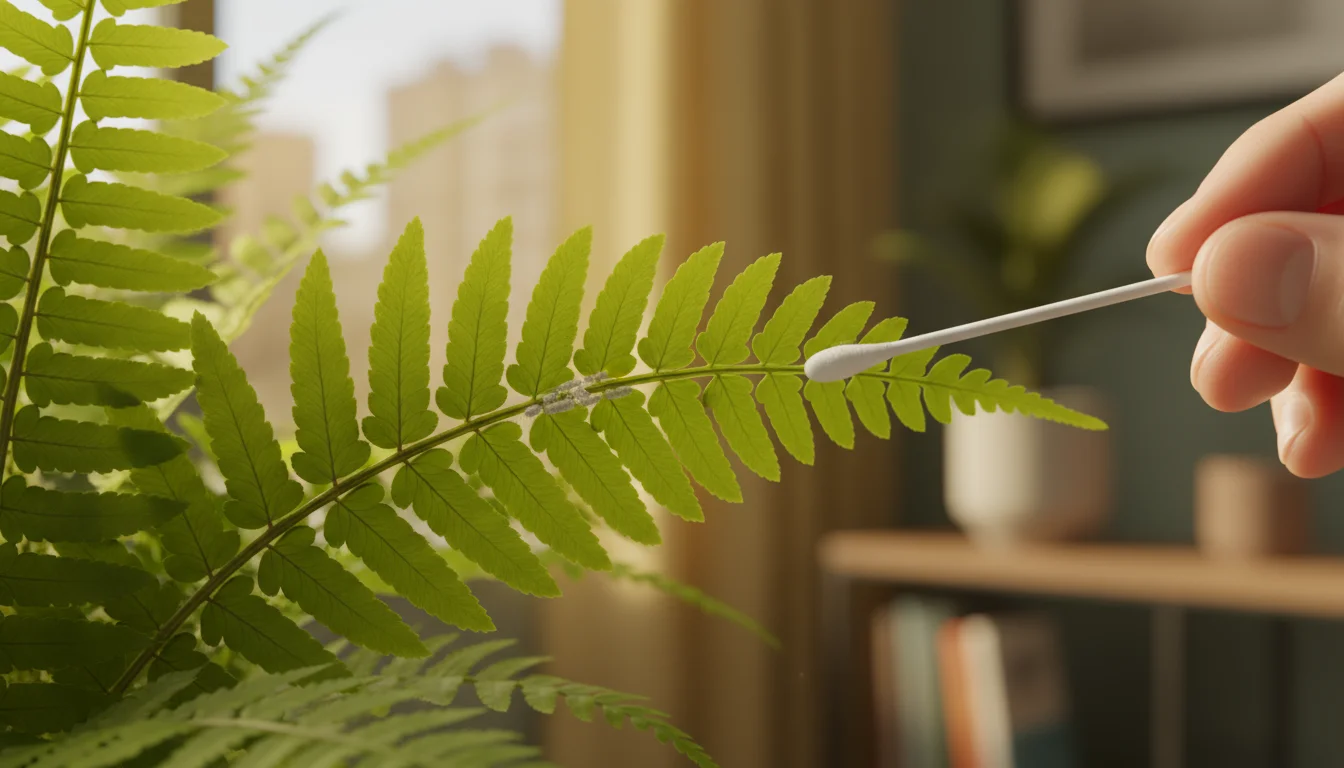Close-up of a hand gently dabbing a cotton swab on white mealybugs on a vibrant green fern leaf indoors.