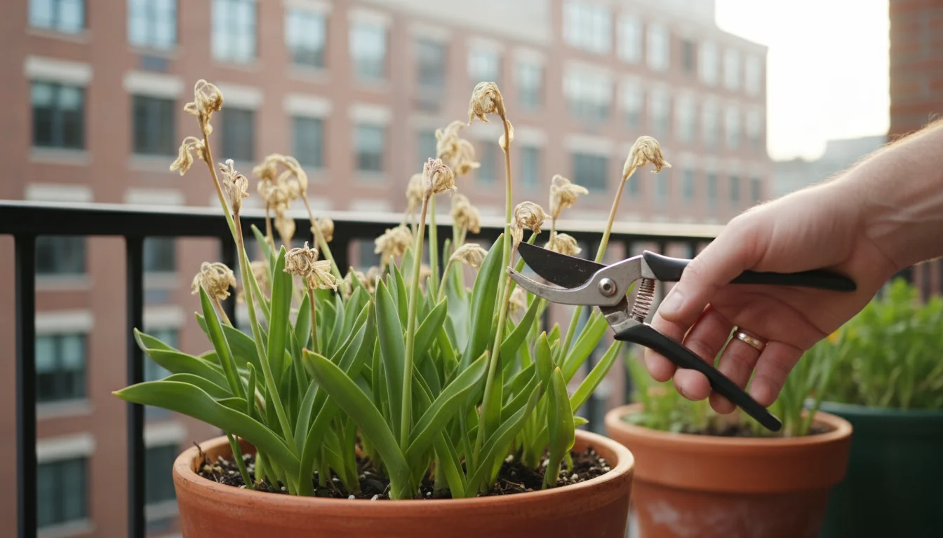 Hand deadheading faded spring bulb flowers in a terracotta pot on a balcony, with vibrant green foliage.
