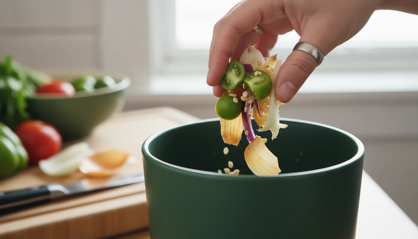 A hand depositing green tomato, onion, and bell pepper trimmings into a small, dark compost bin on a balcony.