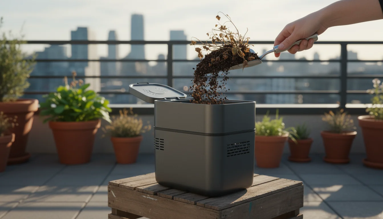 Hand deposits spent potting mix and dried plant trimmings from a trowel into a compact composter on an urban balcony.