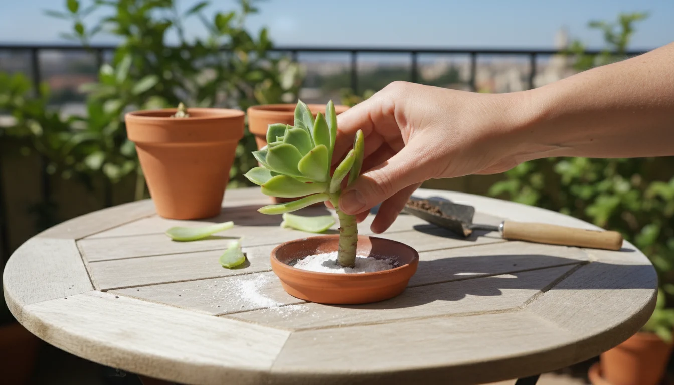 A hand dips a vibrant green succulent cutting into white rooting hormone powder on a weathered wooden table.