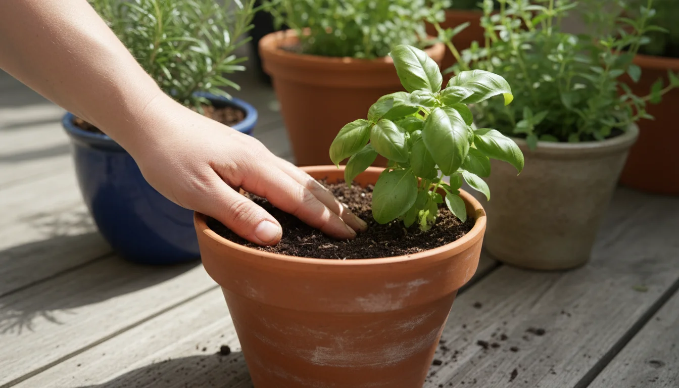 A hand with slightly dirt-smudged fingers checks the soil moisture of a newly repotted basil plant in a terracotta pot on a sunny patio.