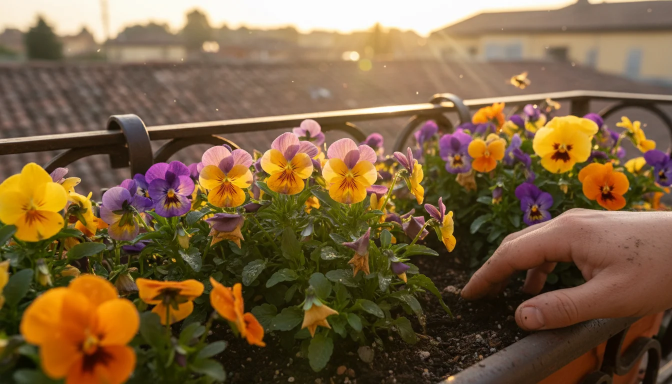 A hand with dirt under nails gently checks moist soil in a sunlit window box filled with colorful pansies and violas on a balcony.