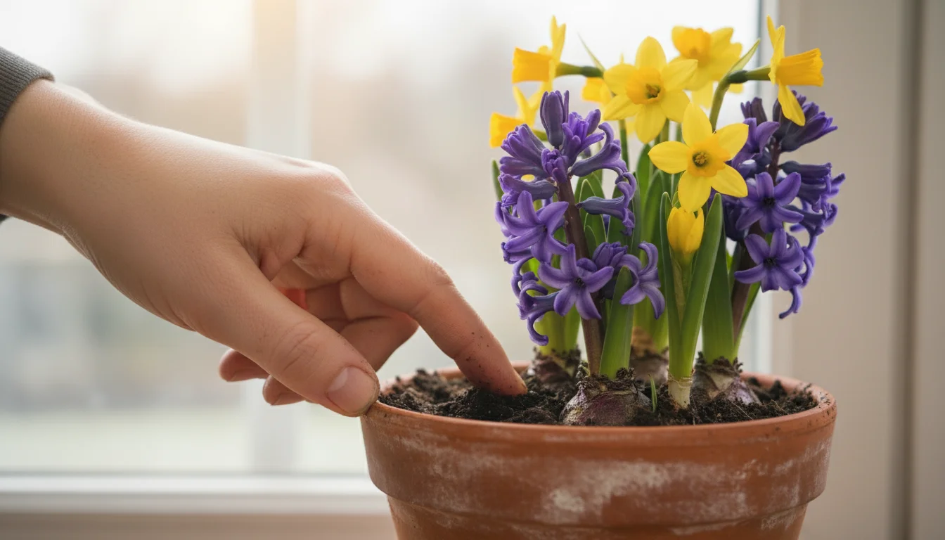 A hand with slightly dirty fingers gently touches the soil in a small terracotta pot with blooming forced hyacinths.