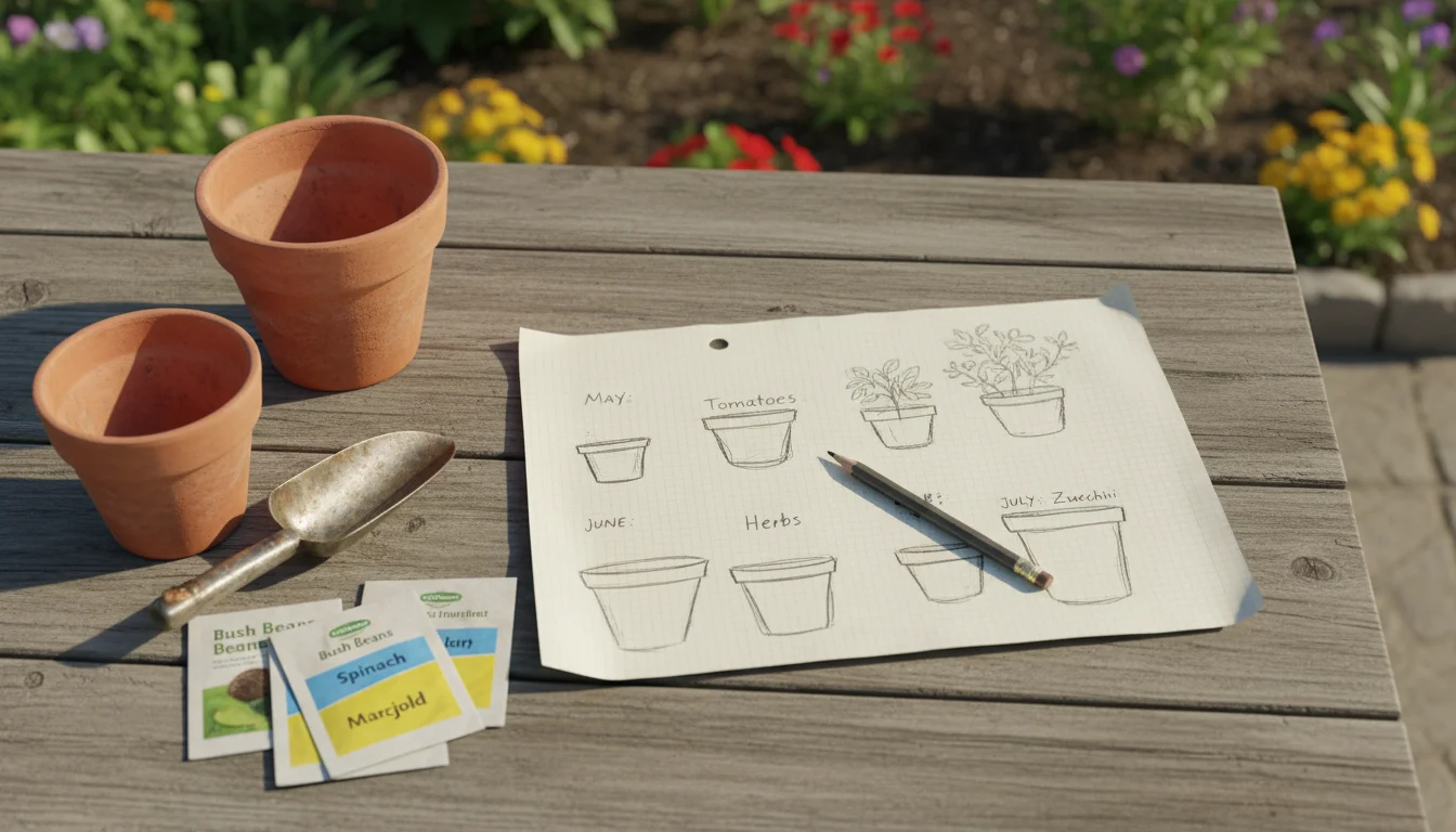 A hand-drawn container gardening plan on graph paper, with a pencil, seed packets, and empty terracotta pots on a weathered table.