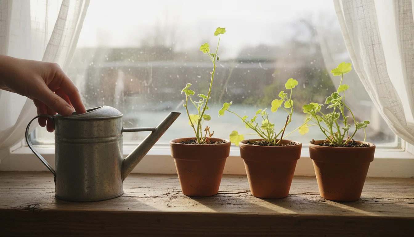A hand carefully drips pale liquid fertilizer into a watering can next to small potted geranium and coleus cuttings on a windowsill.