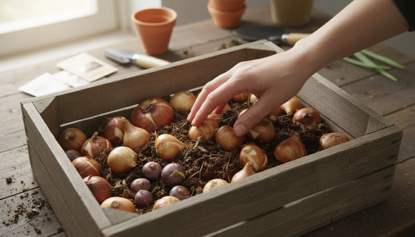 A hand examines healthy spring bulbs in a rustic wooden crate at a local nursery, with a blurred 'Local & Organic' sign.