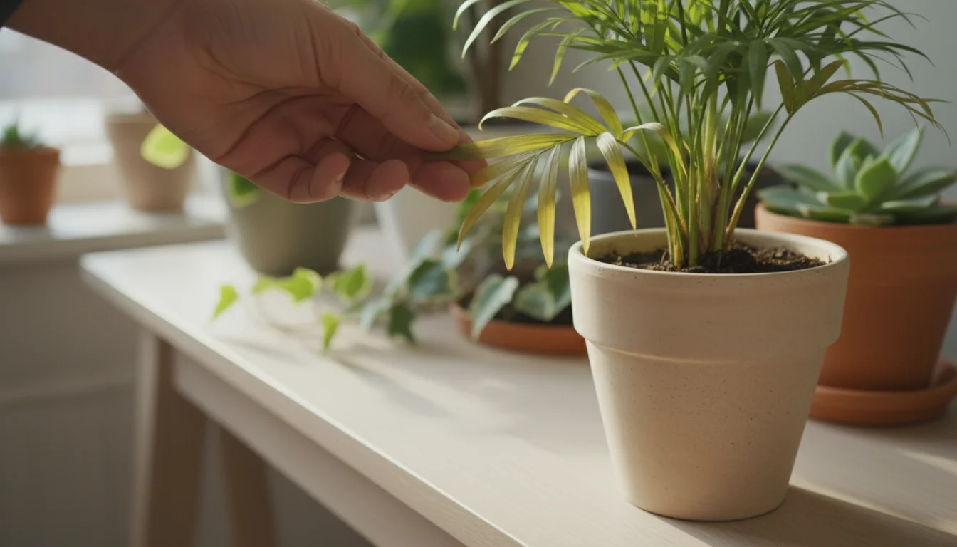 A hand gently examines a parlor palm's yellowing frond in a beige terracotta pot, set on a light wooden table. Diffused winter light.