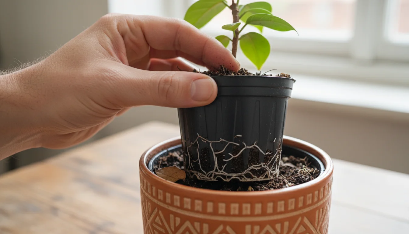 A hand gently examines the roots of a small potted houseplant, lifting it from its decorative outer pot, with fallen leaves on the surface.