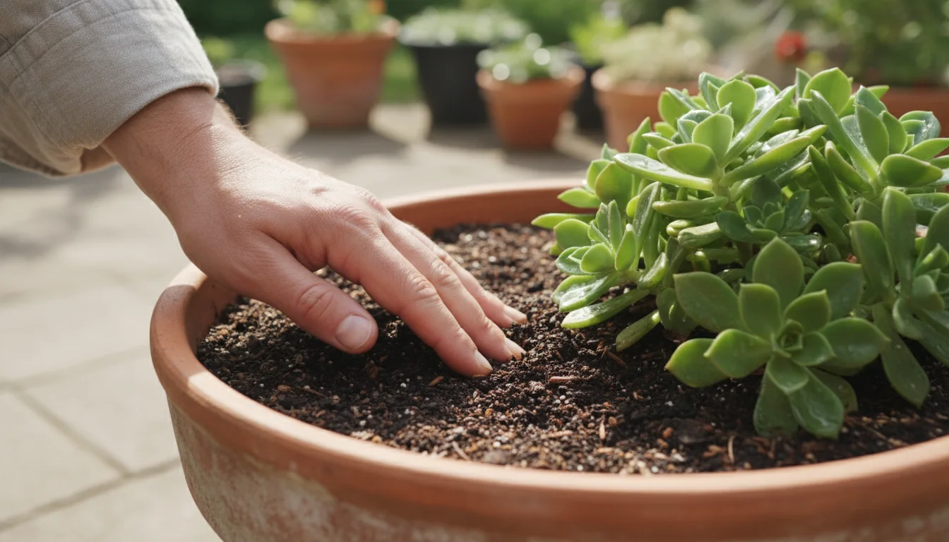 Close-up of a hand feeling rich, moist, compost-amended soil in a terracotta pot with healthy green plants on a sunny patio.