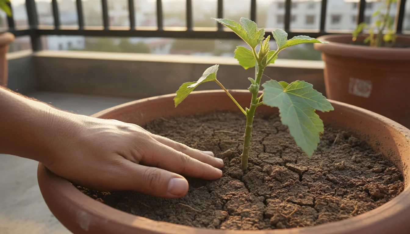 Close-up of a hand gently feeling the topsoil in a large terracotta pot with an okra plant on a sunny balcony.