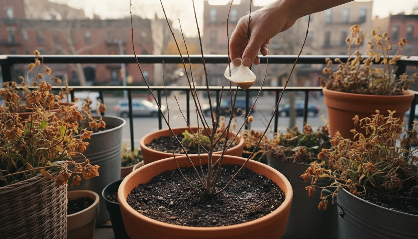 A hand fertilizes a dormant, bare-branched deciduous plant in a pot on an urban balcony during late autumn.