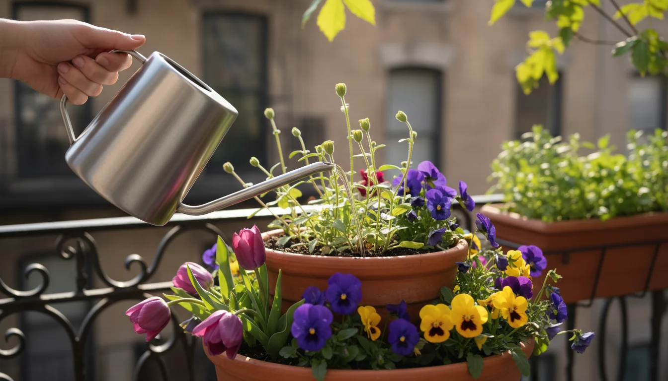 Close-up of a hand fertilizing a vibrant container pot on an urban balcony, with spring bulbs and annuals blooming.