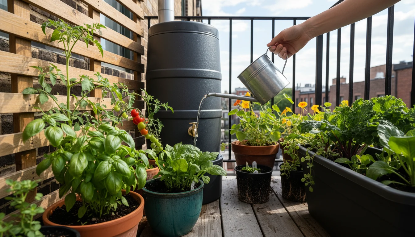 A hand fills a metal watering can from a compact rain barrel on an urban balcony, surrounded by mulched container plants.
