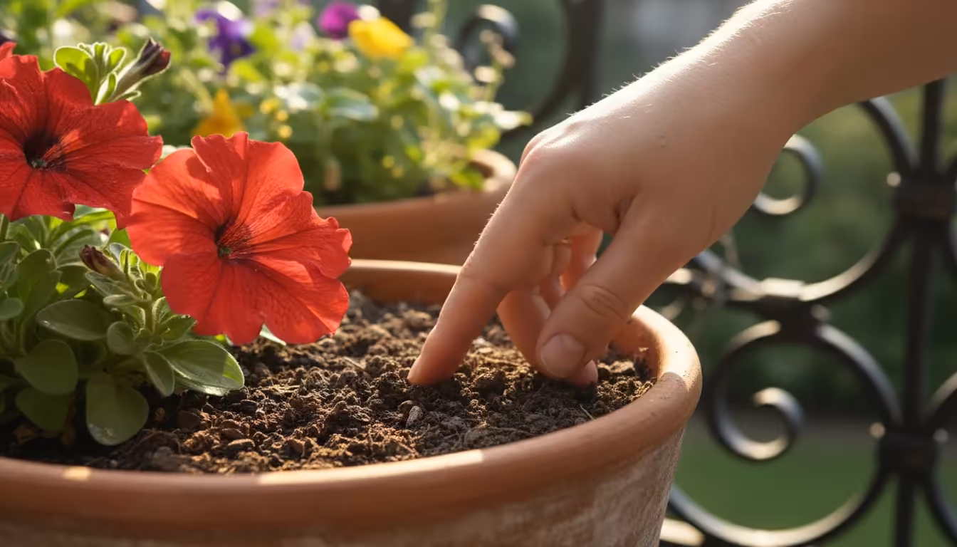 Close-up of a hand's finger checking slightly dry soil in a terracotta pot with a red petunia on a balcony, bathed in morning light.