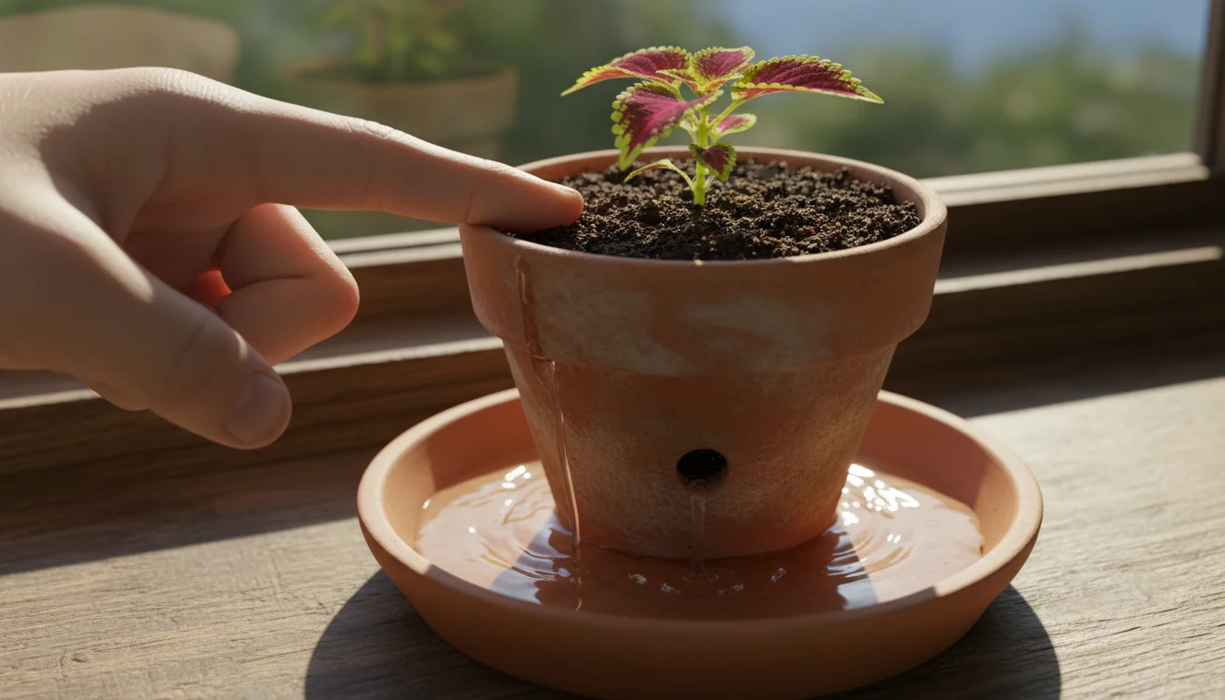 Close-up of a hand's finger checking soil moisture in a small terracotta pot with a coleus plant, water dripping from the bottom.